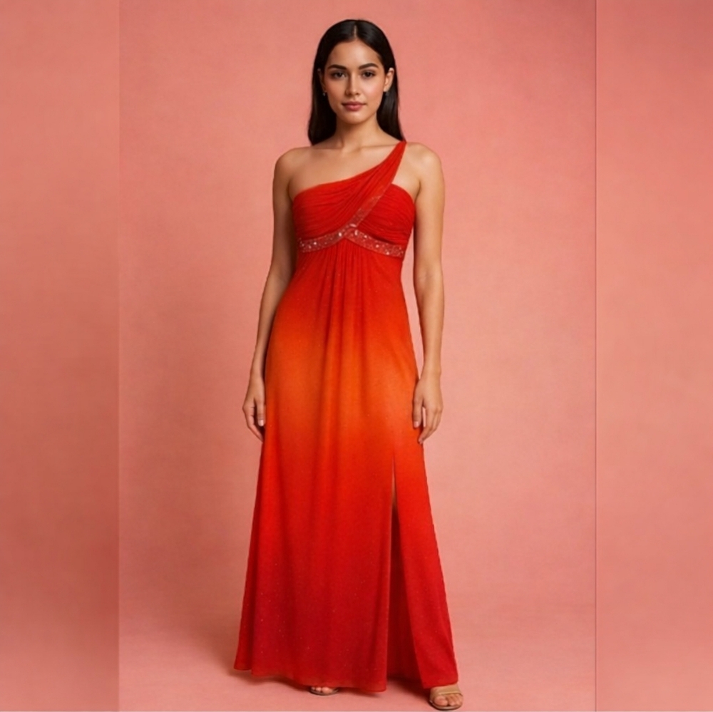 Vintage Y2K Morgan & Co One Shoulder Sparkle Hombre Maxi‎ Prom Dress, 7/8